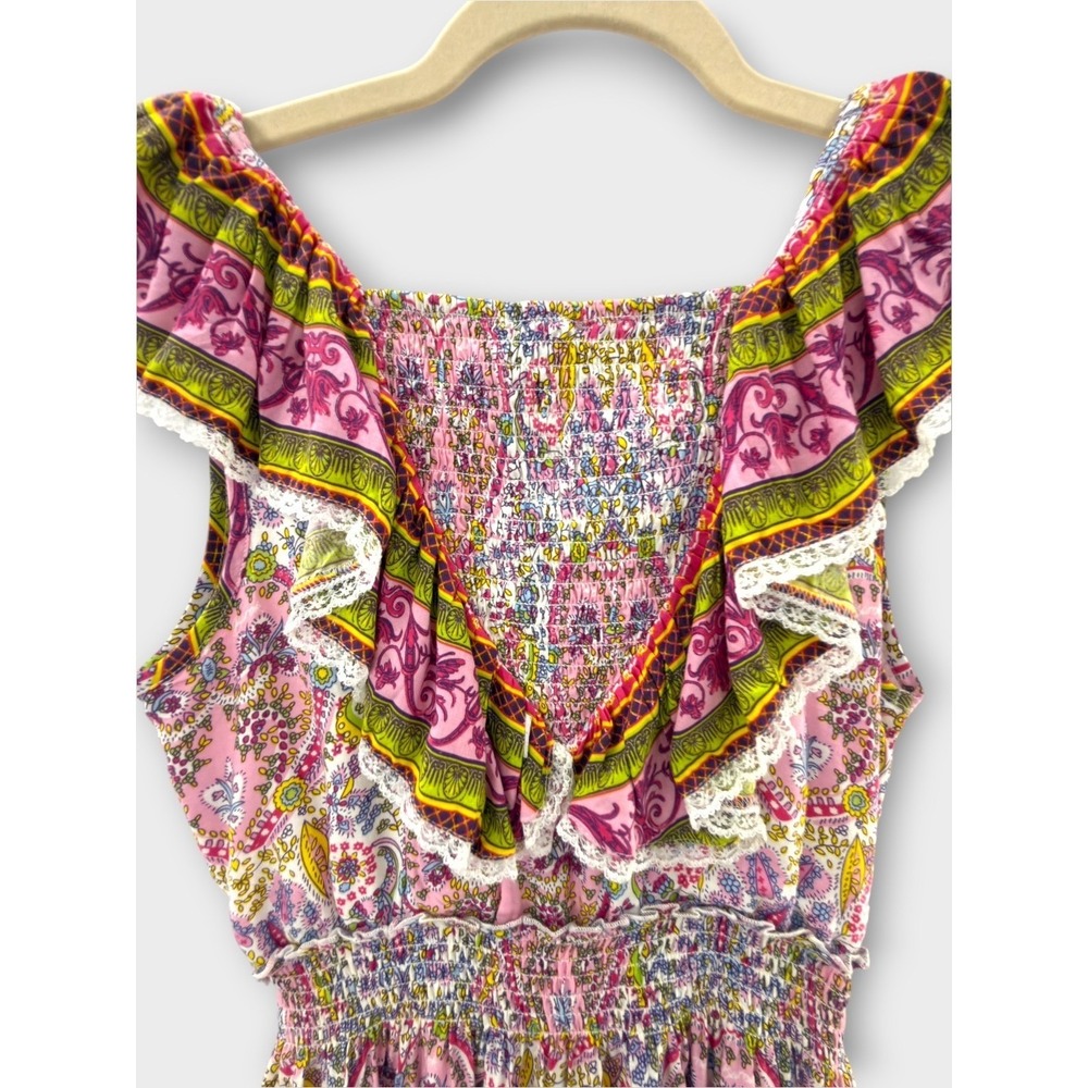 Anthropologie Barok Paris Dress S Pink Paisley Boho Peasant Smocked Ruffle Min - Picture 6 of 12